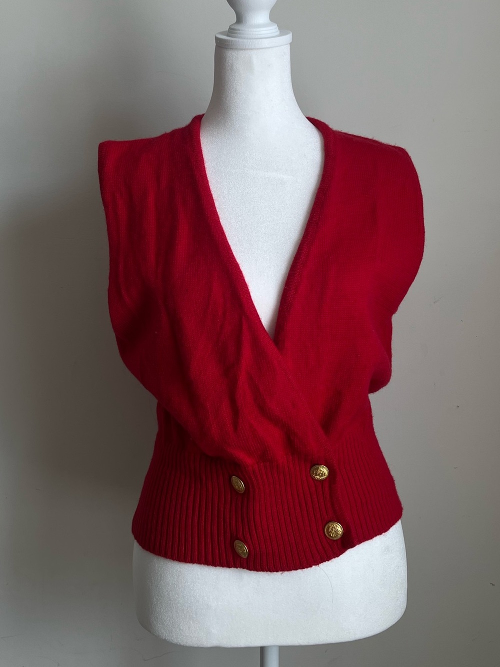 Talbots Vintage Red V-Neck Gold Double Button Wool Knit Vest Women Sz S